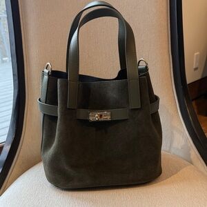 Olive Green Suede Tote with Leather Trim
